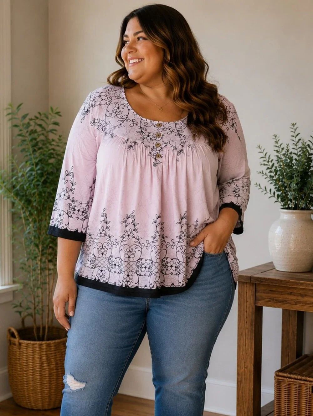Women’s Pink Floral Long-Sleeve Tunic Top